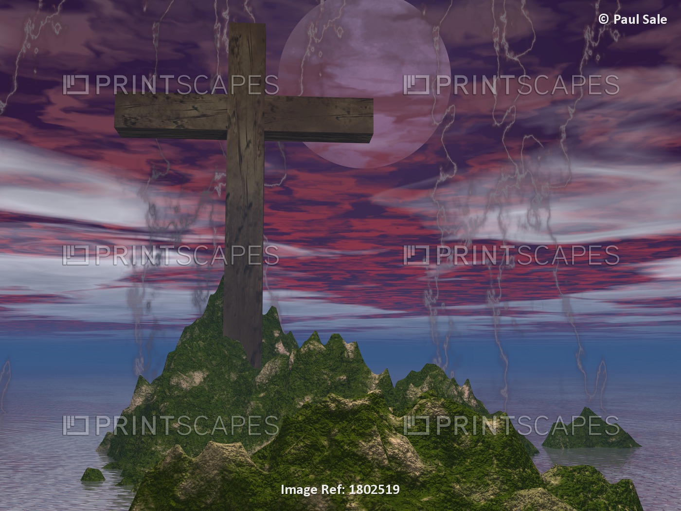 Computer Generated Seascape With Cross