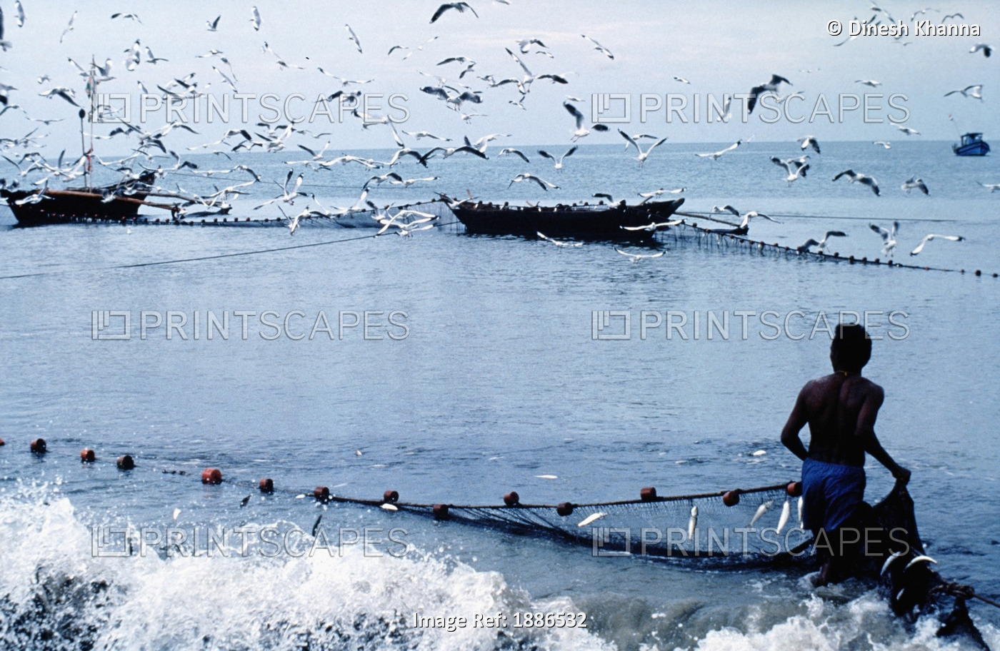 Fisherman Collecting Nets On Beach