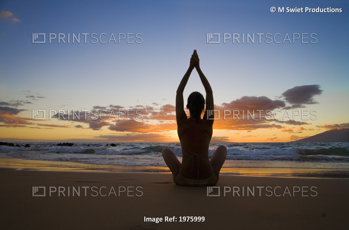 Hawaii, Maui, Silhouette Of Beautiful Girl Doing Yoga On The Beach.