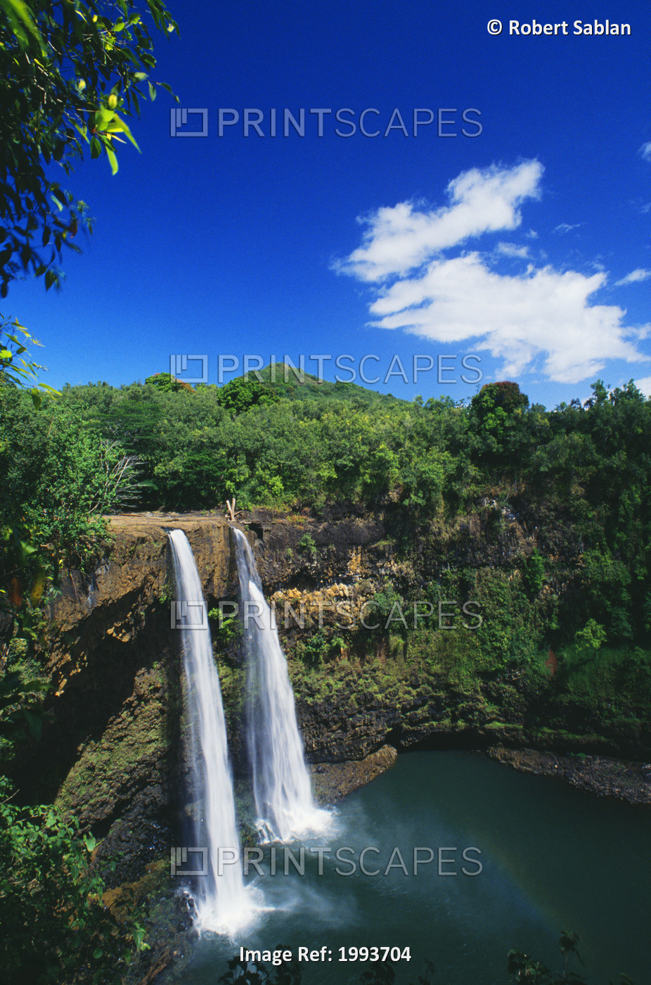 Hawaii, Kauai, Wailua Falls, 80 Foot High Waterfall Cascading Into Deep Pool.