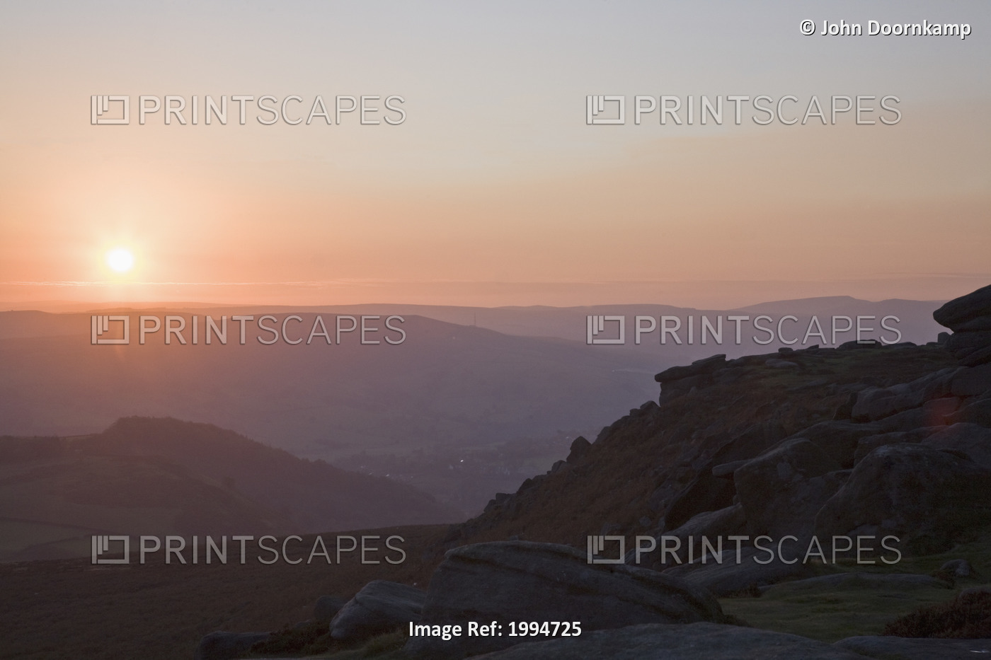 Sunset Over The Landscape Of Peak District National Park; Derbyshire England