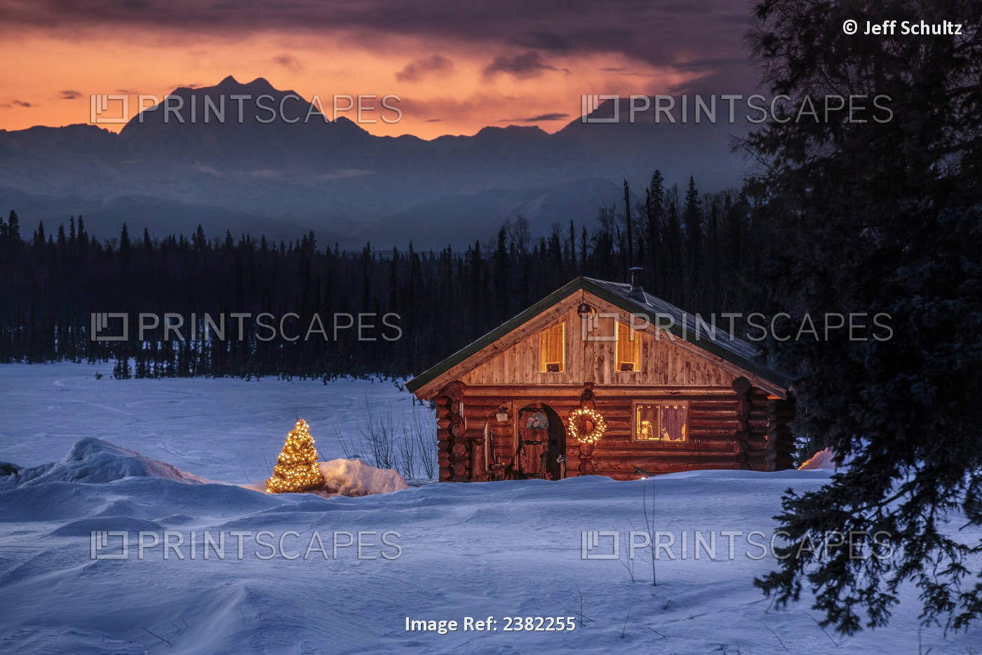 Log Cabin With Christmas Tree And Decorations, Mt. Mckinley And Alaska Range In ...