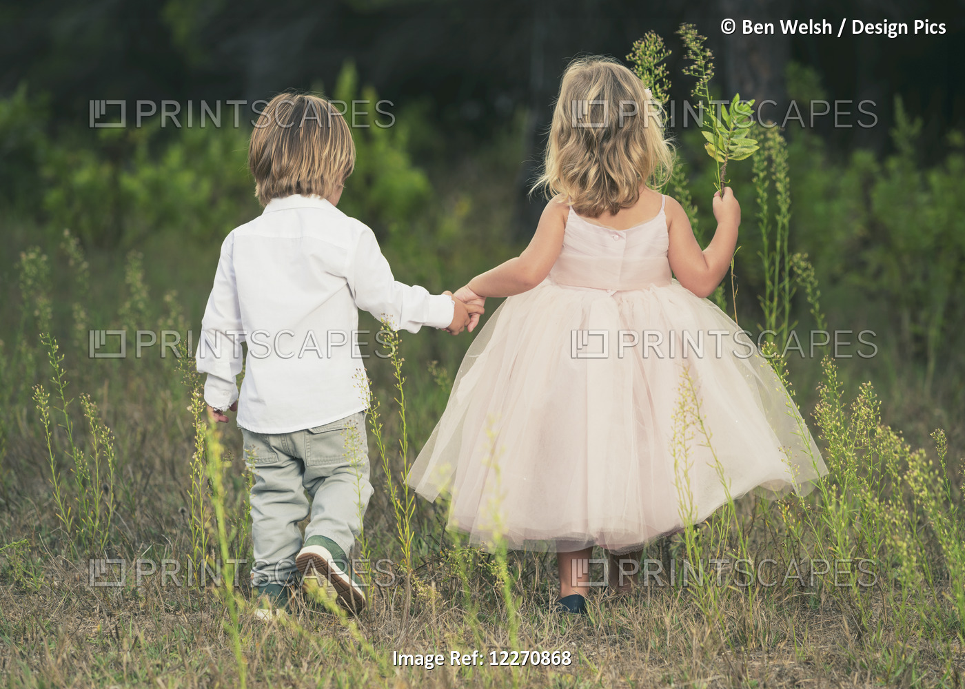 A Young Boy And Young Girl Holding Hands And Walking Through A Field; Tarifa, ...