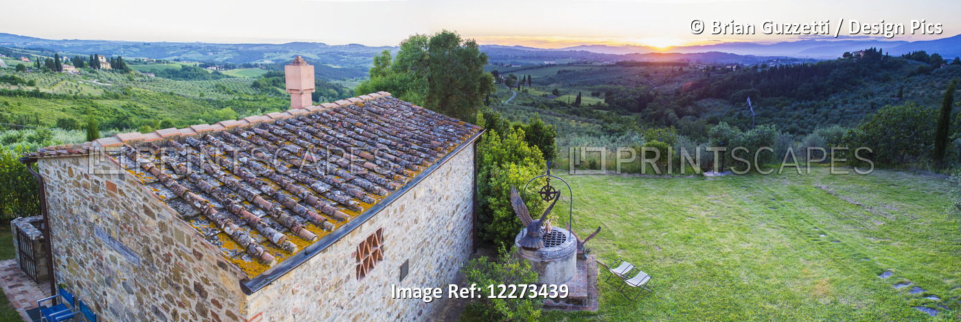 A Stone House And A View Of The Lush Landscape At Sunset, Villa Capanuccia; ...