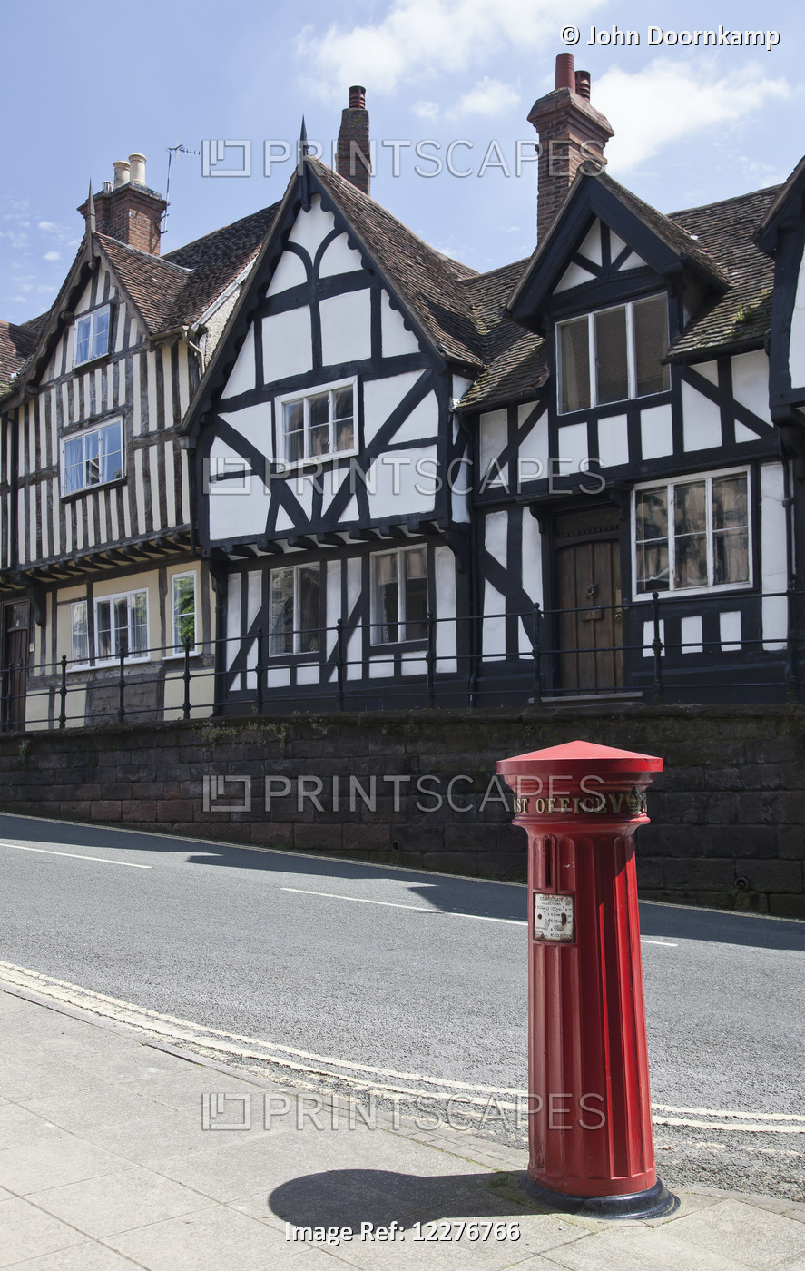 Victorian Pillar Box And Tudor Houses; Warwick, England