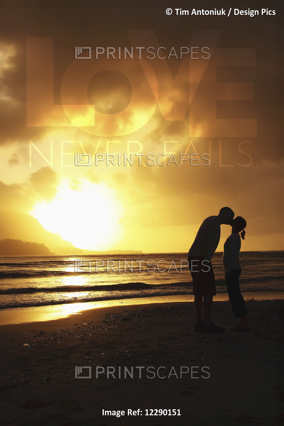 Silhouette Of A Couple Kissing On A Beach During A Golden Sunset With The Words ...