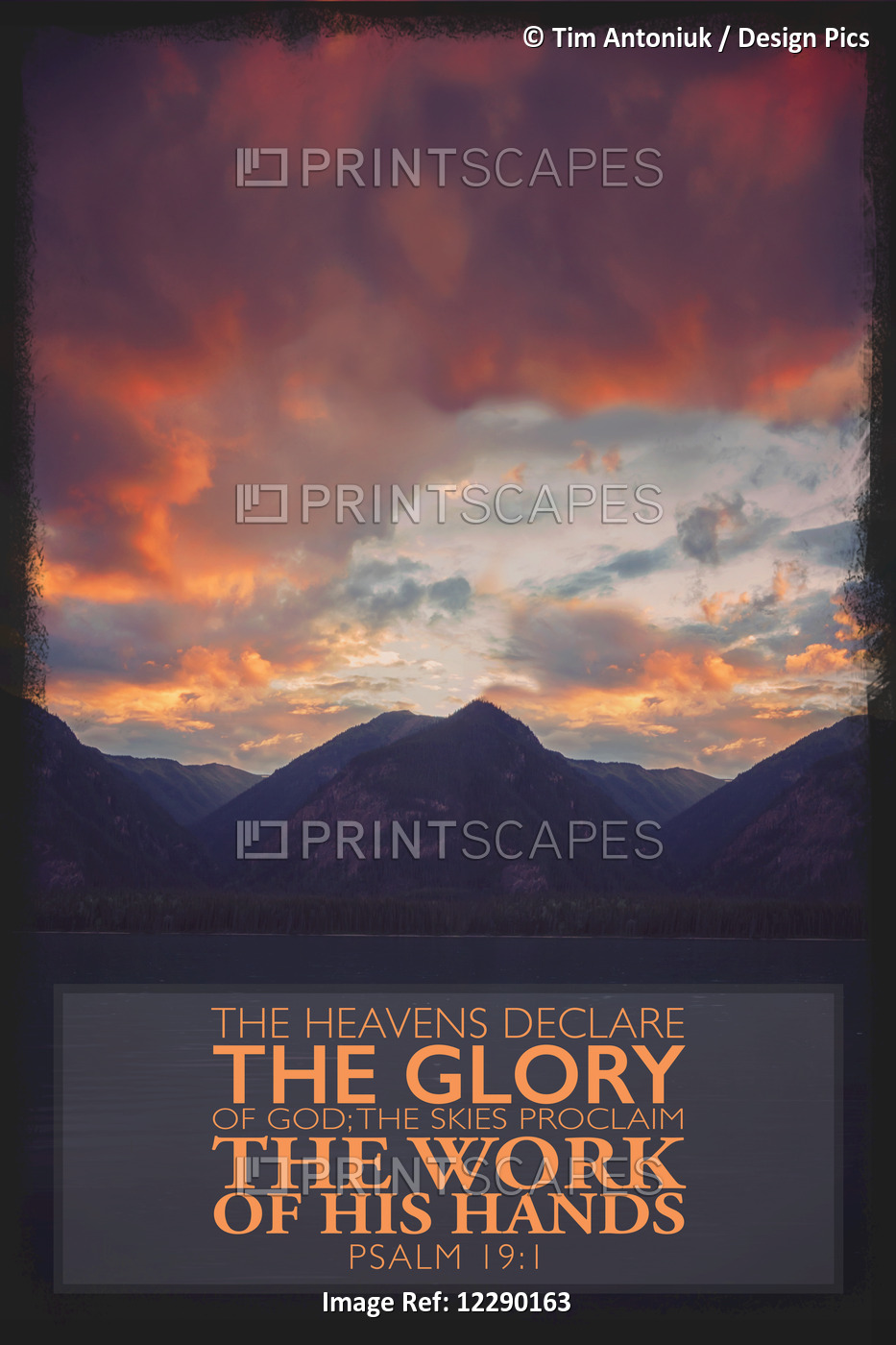 Image Of A Red Sky Over A Rugged Mountain Range With Scripture From Psalm 19:1