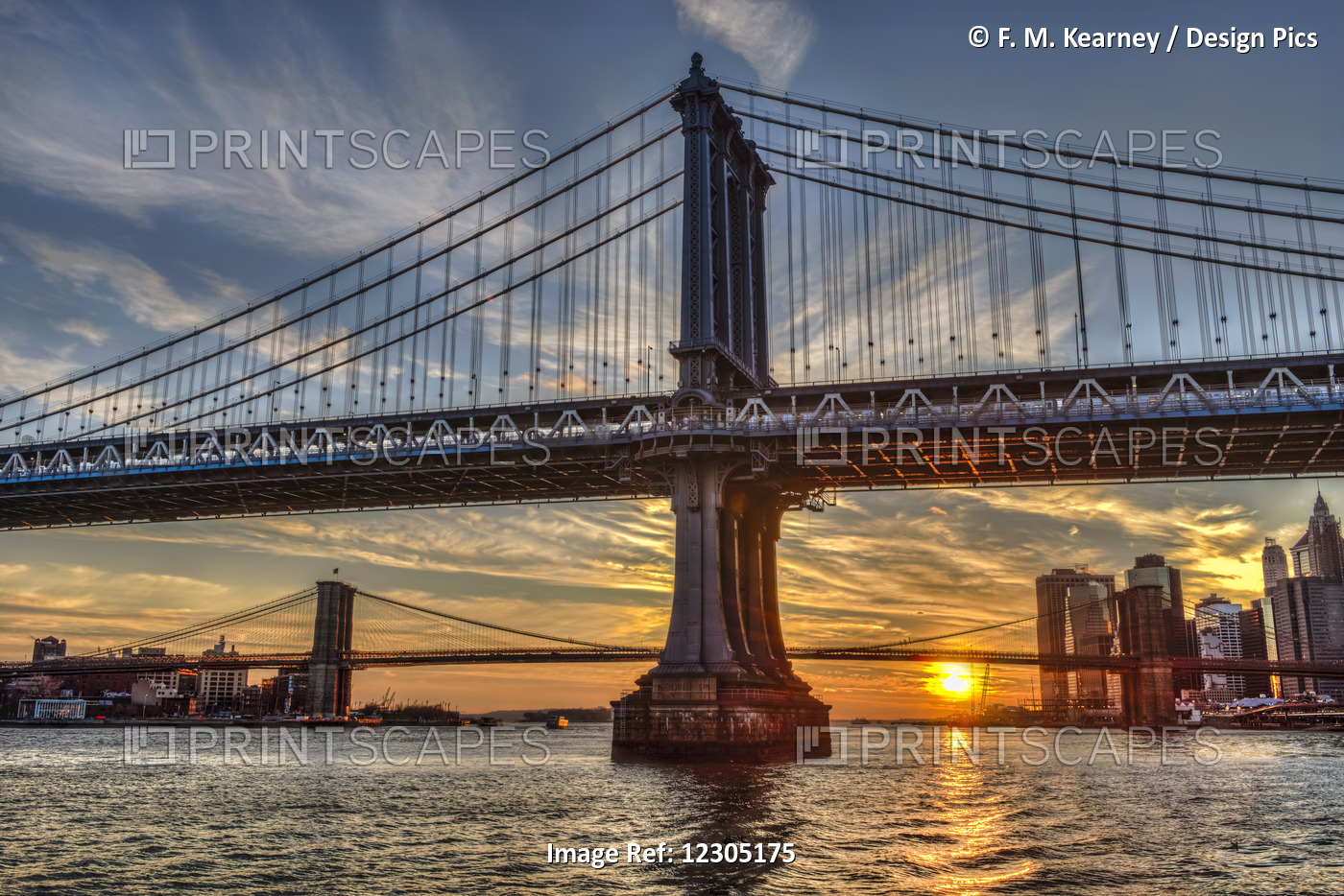 Sun Setting Behind Manhattan And Brooklyn Bridges; New York City, New York, ...