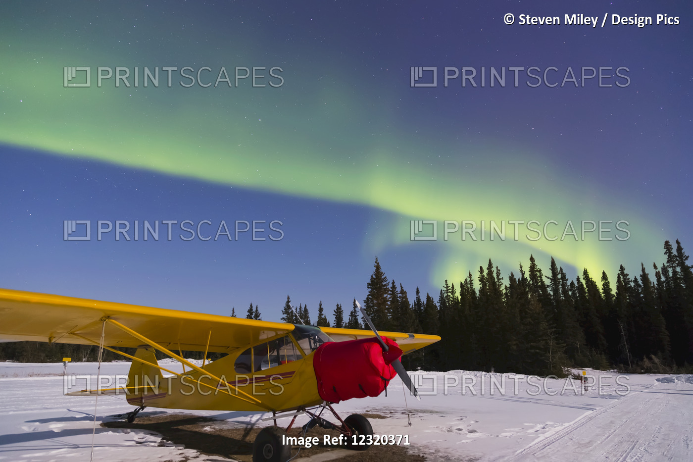Plane Beneath The Aurora Borealis At The Delta Junction Airstrip; Alaska, ...