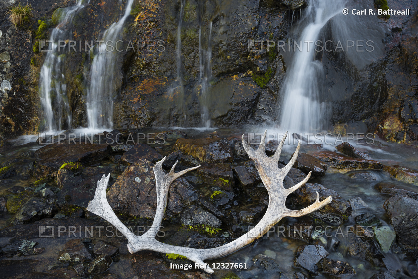 Waterfall With A Caribou Shed In The Foreground, Clearwater Mountains, Interior ...