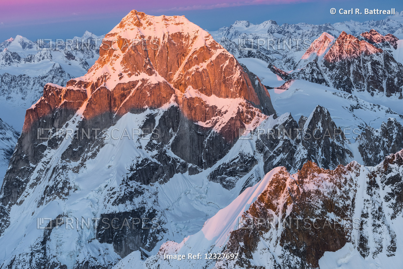 Aerial View Of Peak 8505 At Sunset Lit With Alpenglow, Neacola Mountains, ...