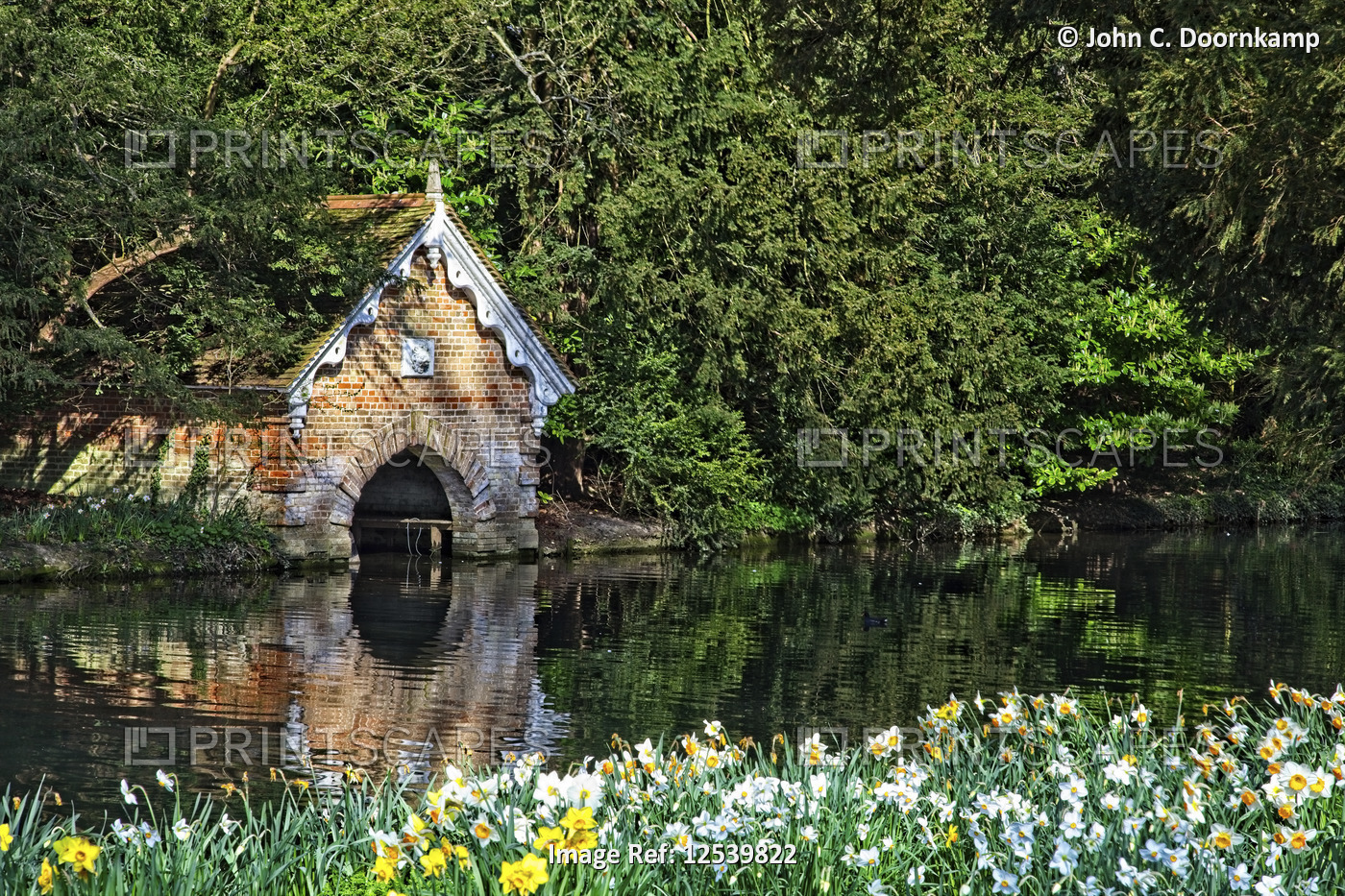 BOAT HOUSE, LAKE AND DAFFODILS, AUDLEY END, ENGLAND