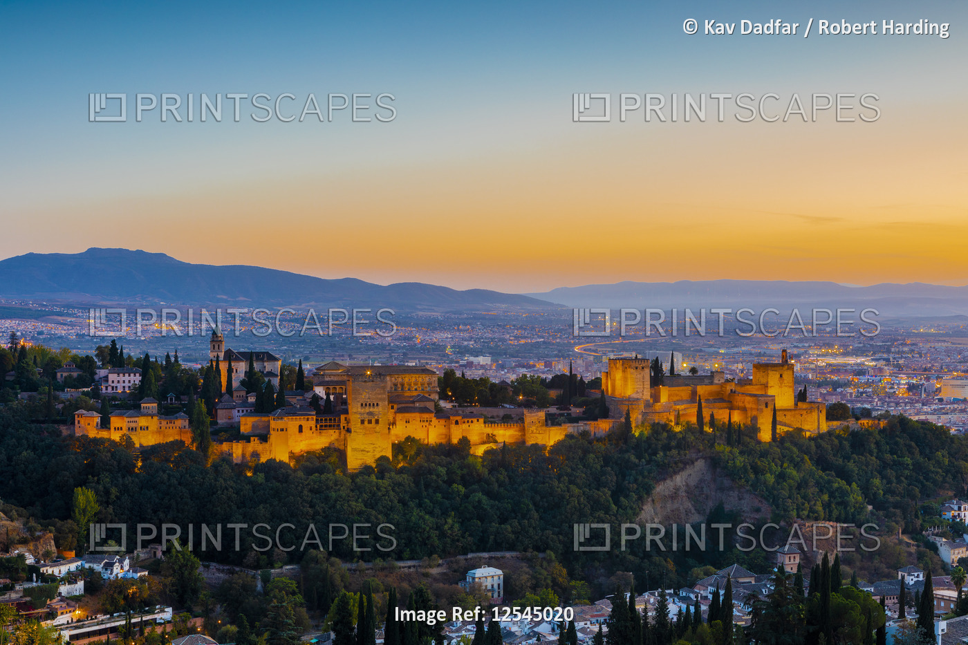 View of Alhambra and Sierra Nevada mountains at dusk, Granada, Andalucia, Spain, Europe