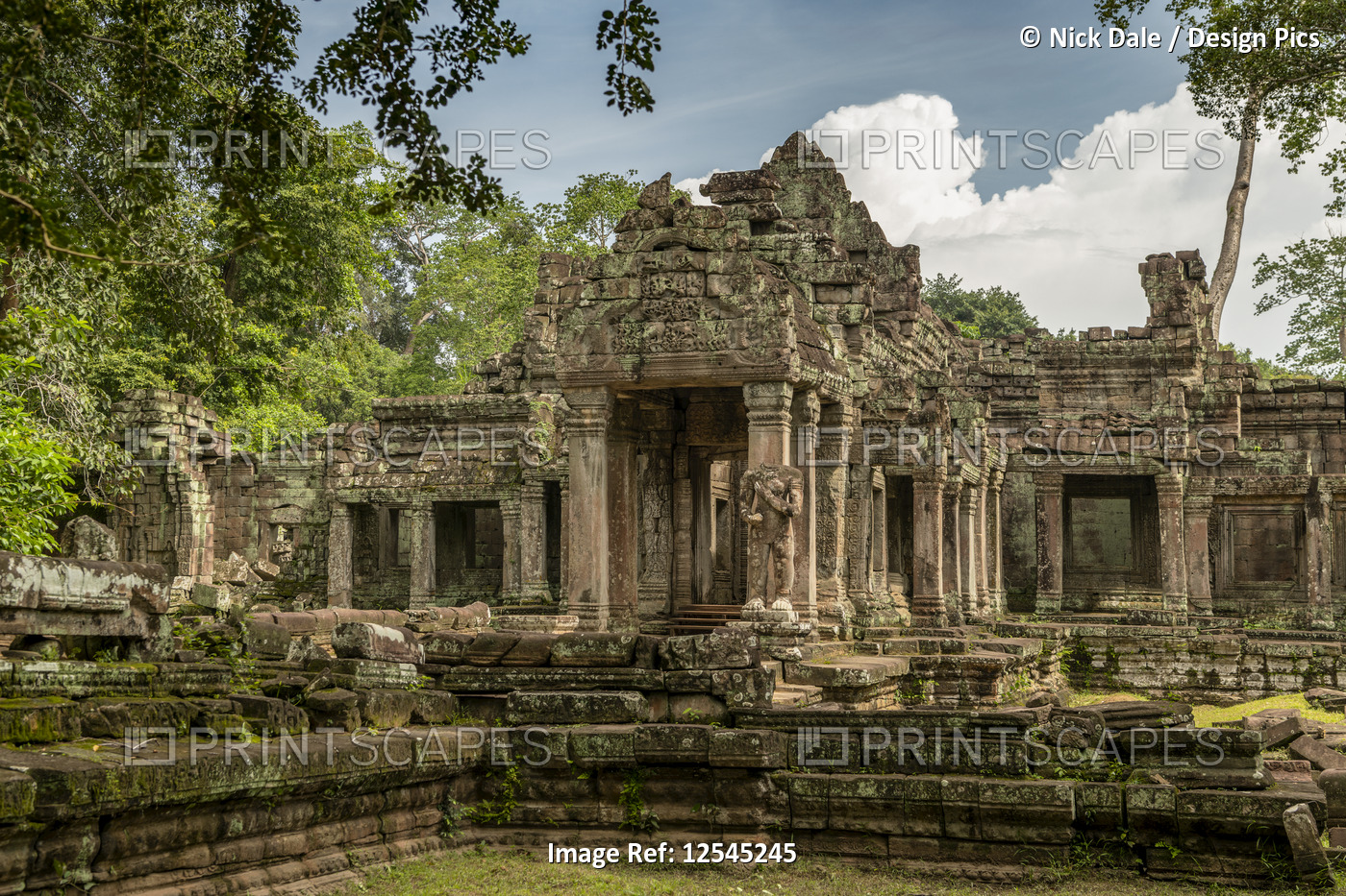 Facade of Preah Khan temple in trees, Angkor Wat; Siem Reap, Siem Reap ...