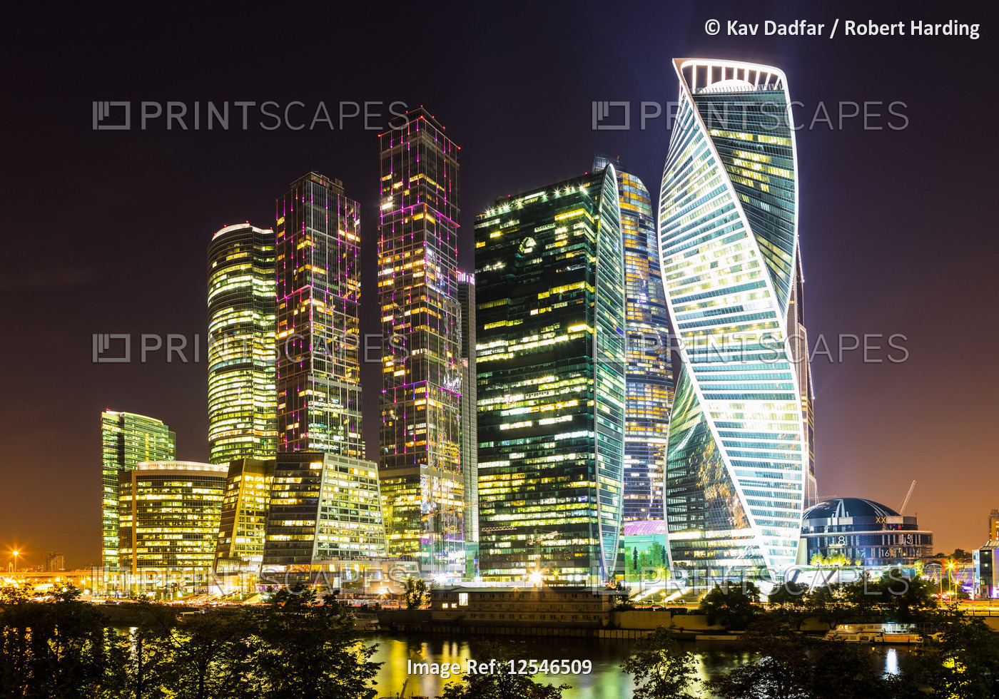 Skyscrapers in business center of Presnensky District, beside the Moscow River at night, Moscow, Rus