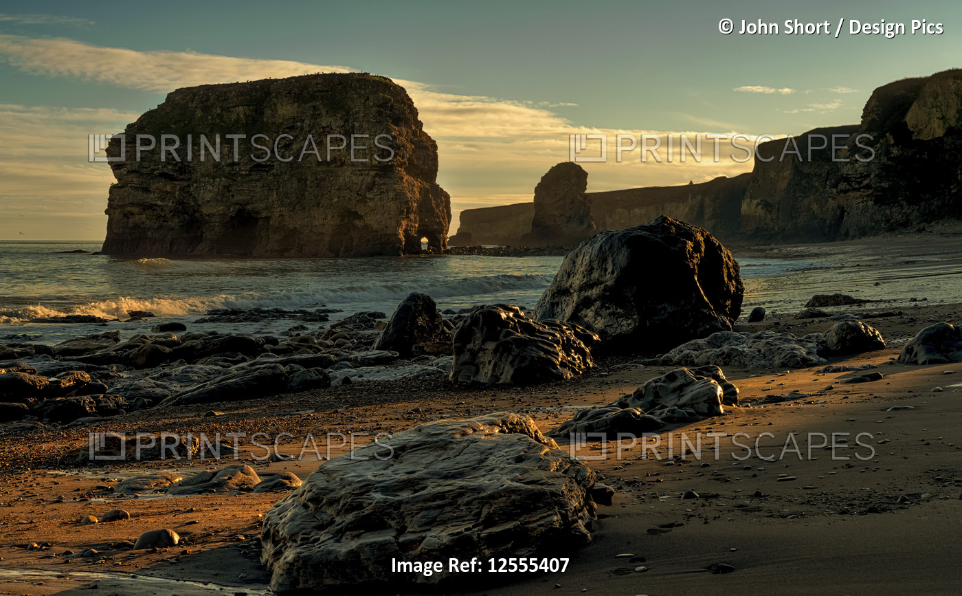 Cliffs, rocks and sea stacks along the Atlantic coast; South Shields, Tyne and ...