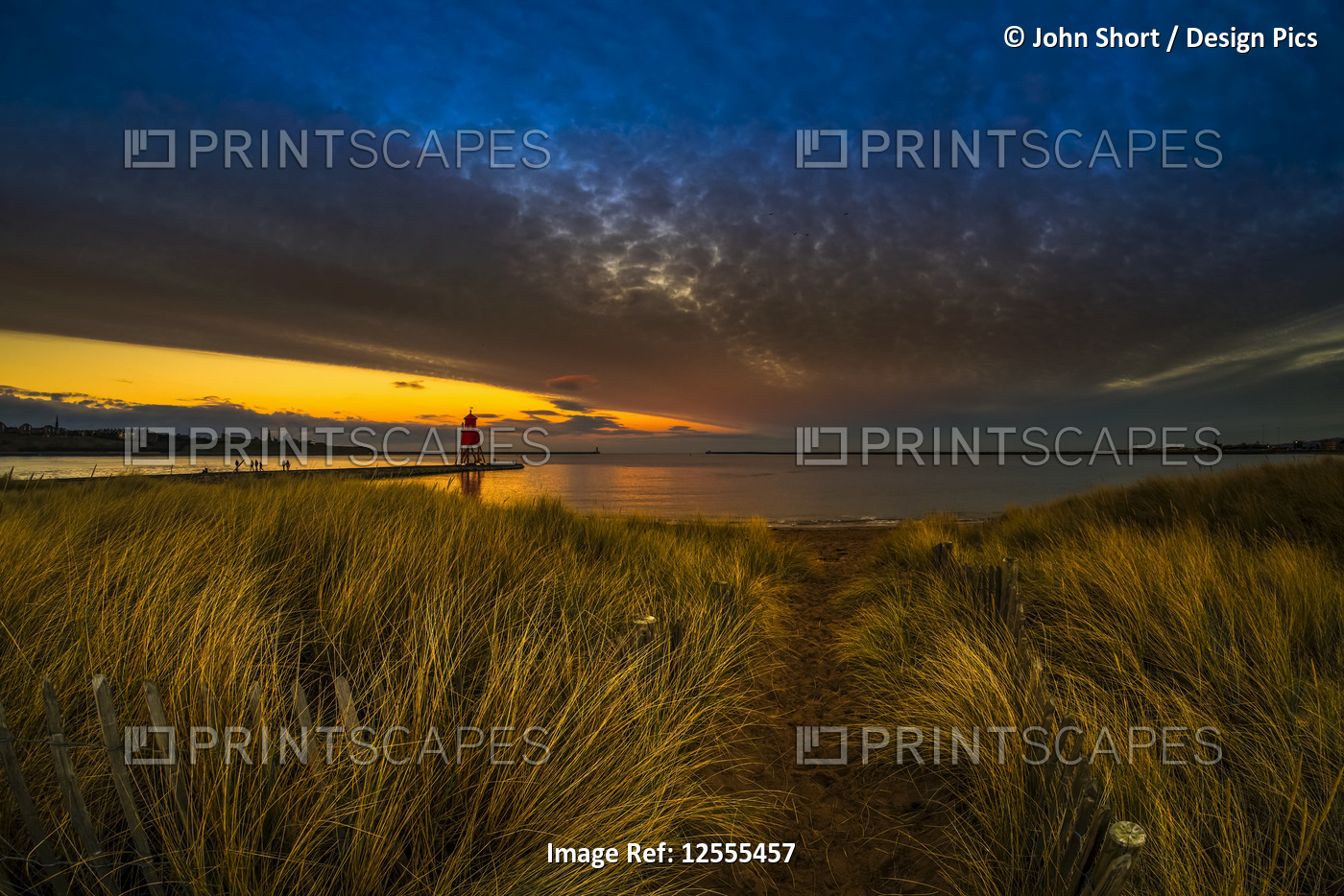Herd Groyne Lighthouse and dramatic sunset with glowing clouds and beach grass ...