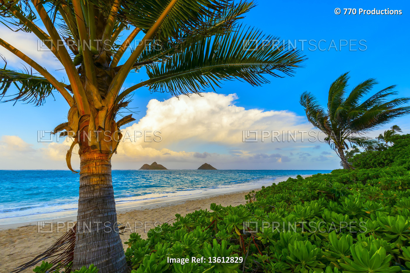 The golden sand and surf on Lanikai Beach with a view of the Mokulua Islands ...