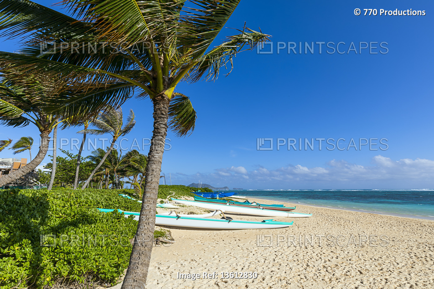Lanikai Beach and kayaks on the white sand; Oahu, Hawaii, United States of ...