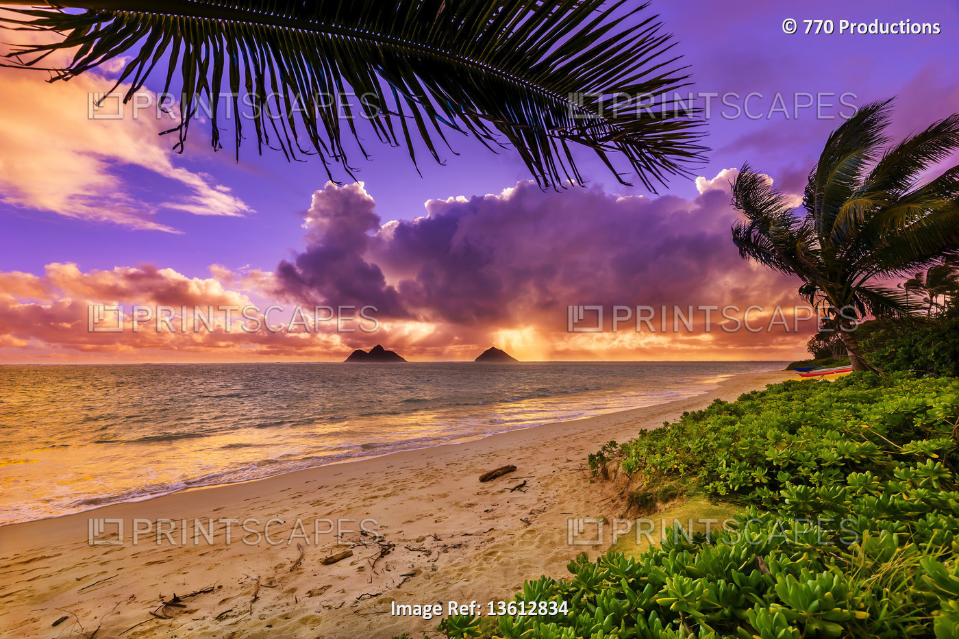 Lanakai Beach at sunrise, with the surf washing up on the sand and a view of ...
