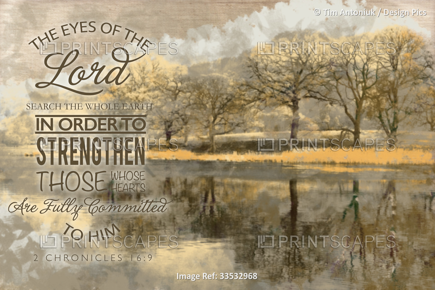Christian artwork with water and trees depicting 2 Corinthians 16:9; Artwork