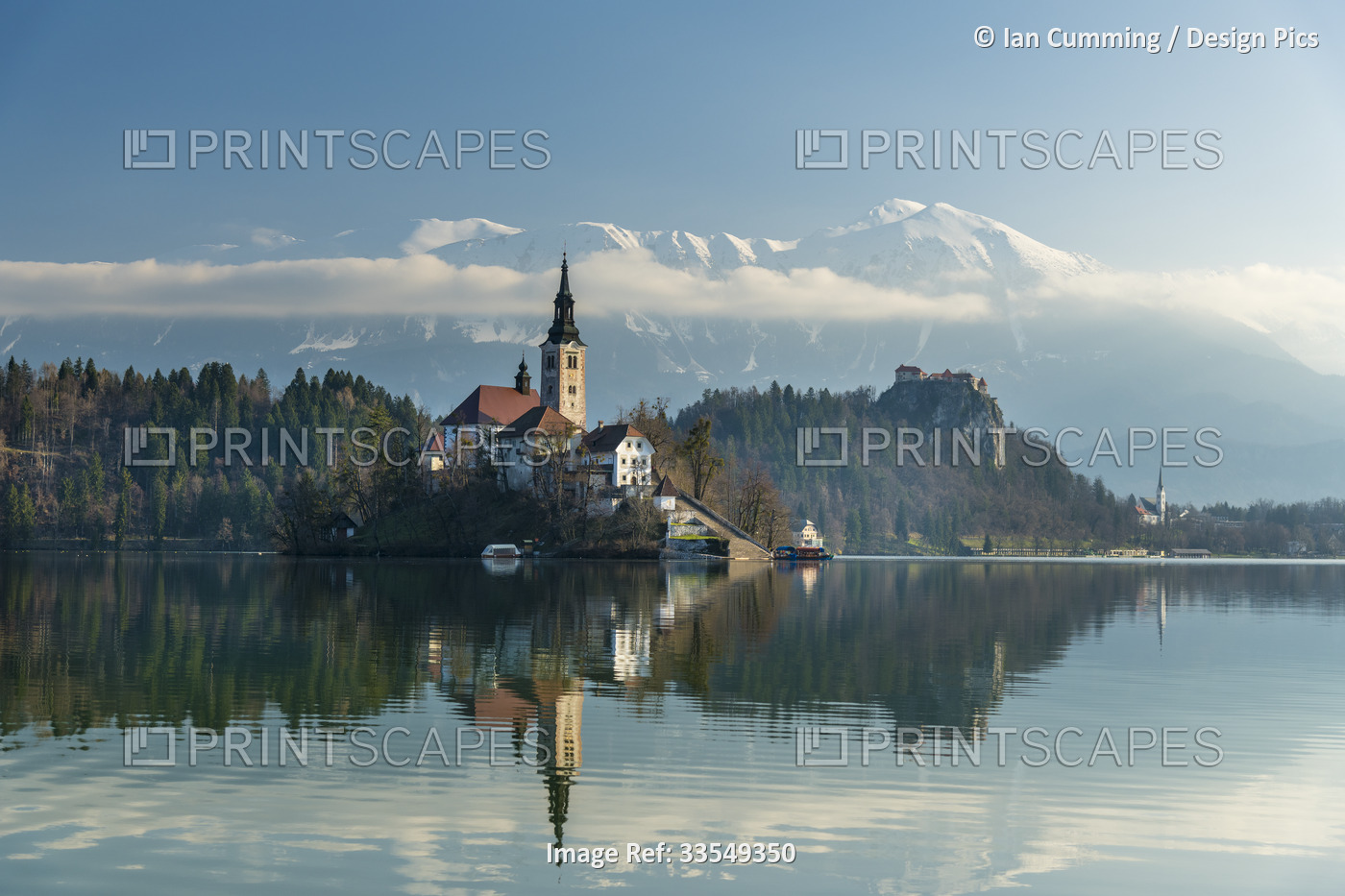 Looking across the calm waters of Lake Bled at dawn to the church on Lake Bled ...
